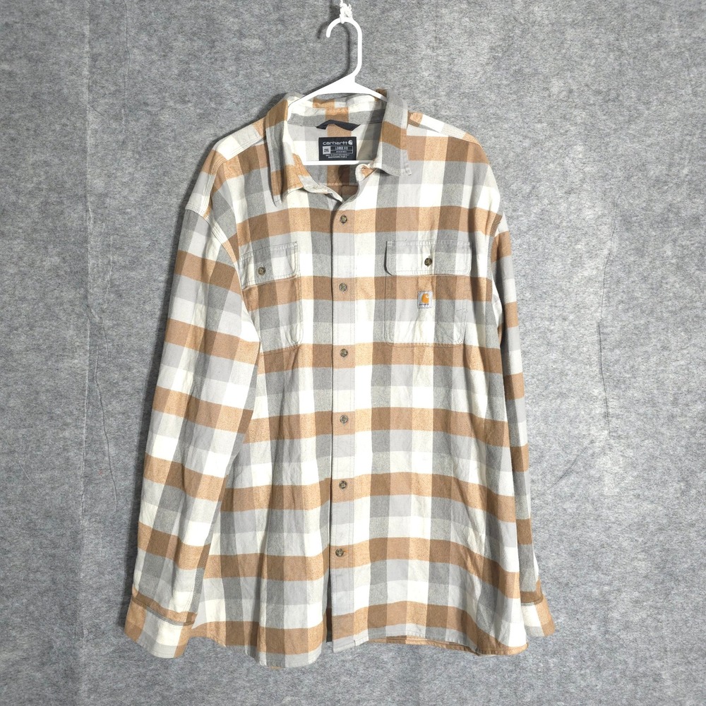 Carhartt Plaid Button Down Shirt Mens 2XL Tan Grey Loose Fit 105078 APH Flannel